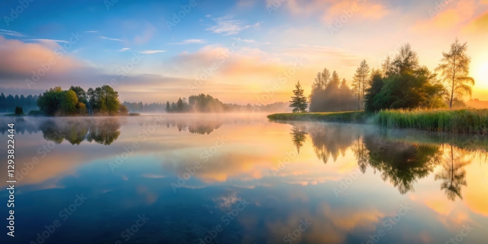 Fototapeta premium Serene lake at dawn with misty fog slowly rising from the surface of the calm lake water, Peaceful Scene