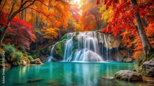 Dense autumn foliage surrounds Erawan waterfall in Kanchanaburi Province Thailand, autumn forest, erawan waterfall
