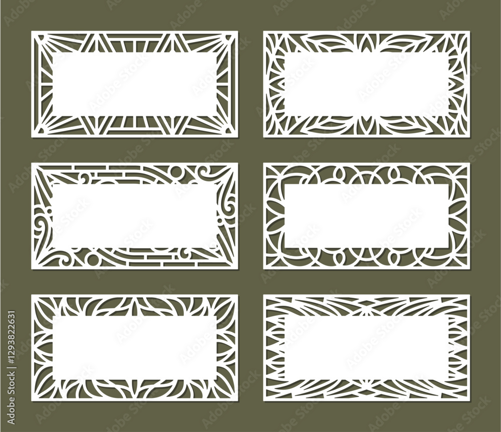 Set of blanks with an openwork frame. White rectangular template for postcard, certificate, congratulatory banner. Copy space. Layout for plotter laser cutting of paper, cnc. Vector illustration. Set of blanks with an openwork frame. White rectangular template for postcard, certificate, congratulatory banner. Copy space. Layout for plotter laser cutting of paper, cnc. Vector illustration.