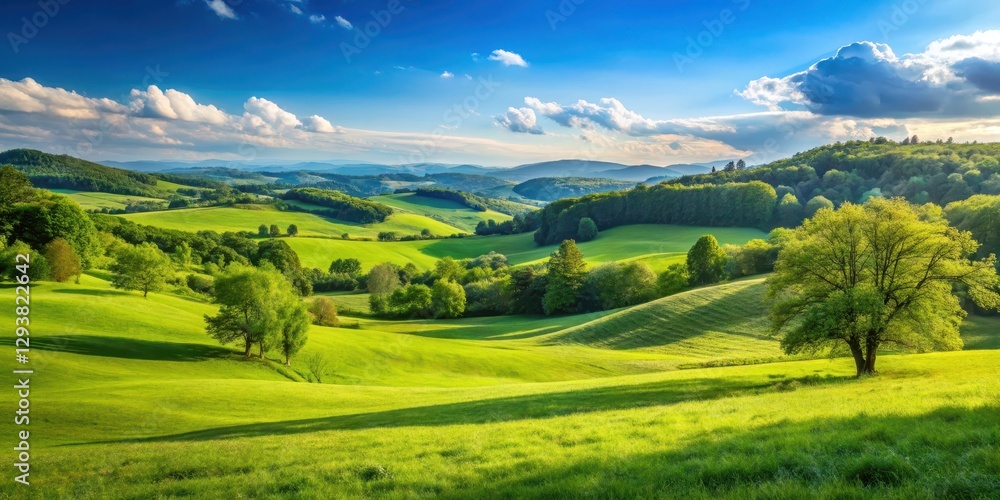 Fototapeta premium Serene natural scenery with lush green grassy area and rolling hills in the background, surrounded by trees and a blue sky , green