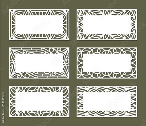 Set of blanks with an openwork frame. White rectangular template for postcard, certificate, congratulatory banner. Copy space. Layout for plotter laser cutting of paper, cnc. Vector illustration. photo