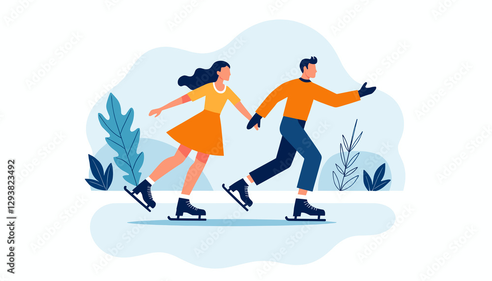 Fototapeta premium Two ice skaters gliding on the ice, enjoying winter outdoor activity, flat sports illustration.