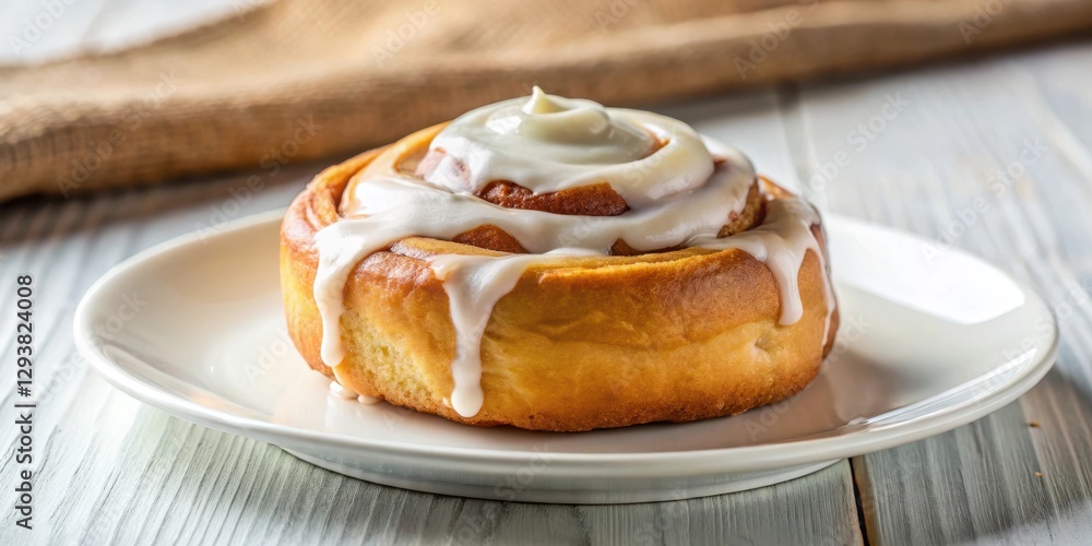 Delicious cinnamon roll bun with a generous dollop of creamy icing sits atop a clean white plate, inviting viewers to take a bite, dessert, food on plate Delicious cinnamon roll bun with a generous dollop of creamy icing sits atop a clean white plate, inviting viewers to take a bite, dessert, food on plate