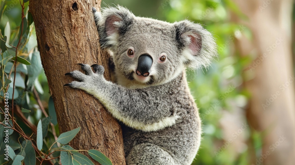 Naklejka premium Playful Koala Climbing Eucalyptus Tree in Natural Habitat