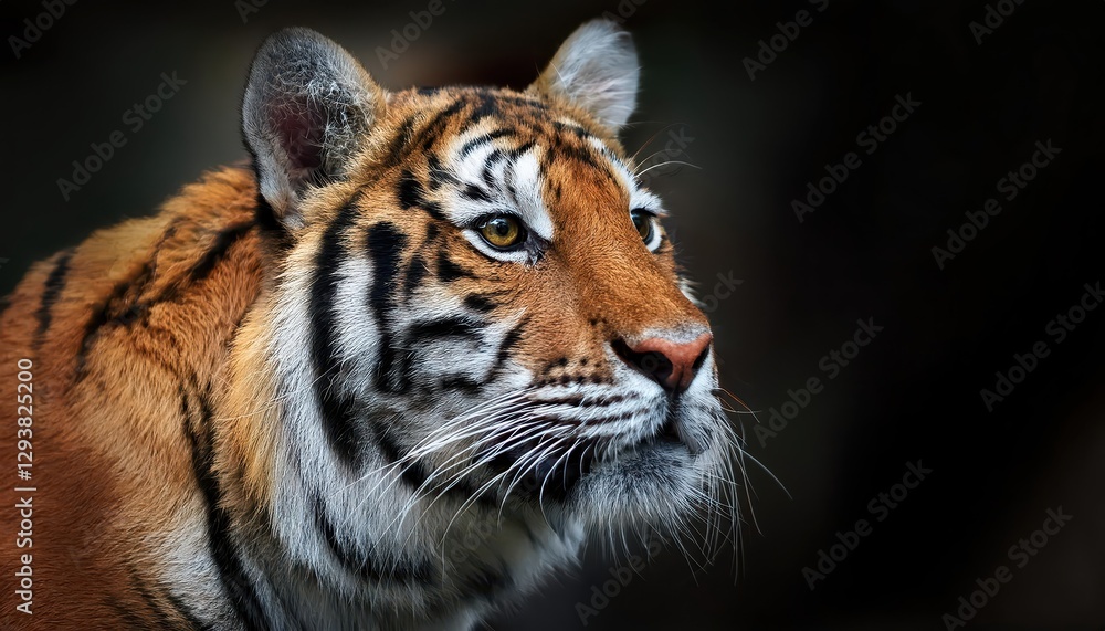 Naklejka premium Portrait of a Majestic Bengal Tiger in the Wild Power and Grace at Dusk Amidst Lush Greenery with Sunlight Rays Filtering Through
