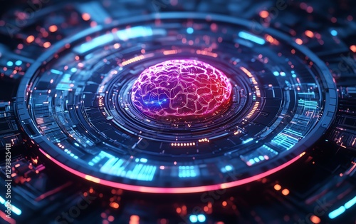 Wallpaper Mural Circular platform with a glowing AI brain Torontodigital.ca