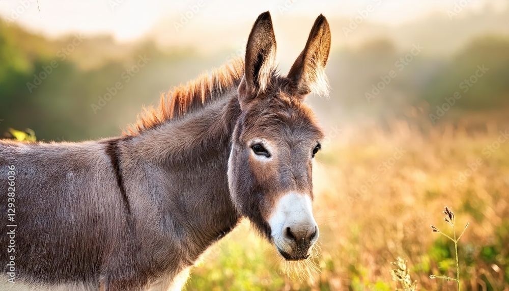 Gray and Brown Portrait of a Young Donkey amidst Lush Farm Field Captivating Rustic Charm with Earthy Tones Evoking a Warm, Peaceful Mood Gray and Brown Portrait of a Young Donkey amidst Lush Farm Field Captivating Rustic Charm with Earthy Tones Evoking a Warm, Peaceful Mood