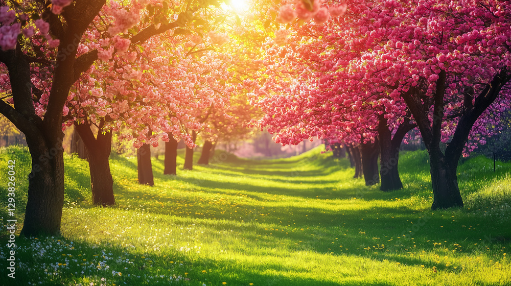 Naklejka premium Cherry blossom trees in a sunny park with vibrant colors and relaxing atmosphere