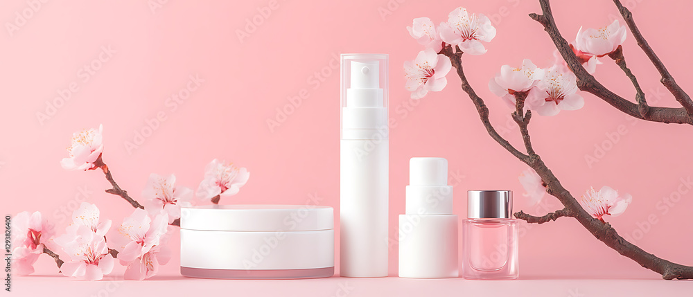 Delicate floral arrangement with skincare products studio setting beauty display soft pink background aesthetic focus Delicate floral arrangement with skincare products studio setting beauty display soft pink background aesthetic focus