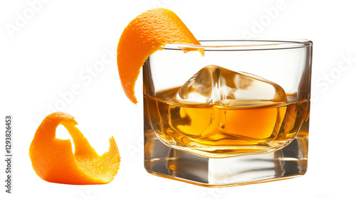 Classic cocktail glass with an old-fashioned whiskey drink, garnished with an orange peel, isolated on a white background
