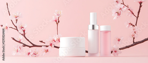 Wallpaper Mural Elegant skincare products displayed with cherry blossoms in a soft pink environment for beauty photography Torontodigital.ca