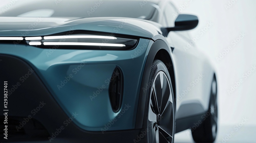 Dark Blue Electric SUV Close-Up on Front Left Quarter with Sharp Headlights Dark Blue Electric SUV Close-Up on Front Left Quarter with Sharp Headlights