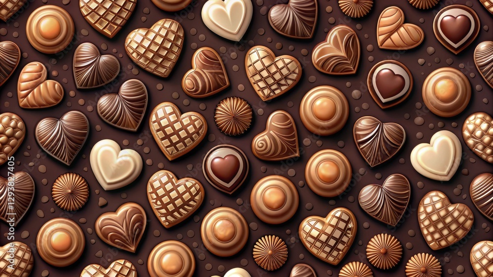 Chocolate pattern with a heart-shaped arrangement of sweetmeats in a seamless design on a dark background, perfect for confectionery or dessert themes, seamless, pastry Chocolate pattern with a heart-shaped arrangement of sweetmeats in a seamless design on a dark background, perfect for confectionery or dessert themes, seamless, pastry