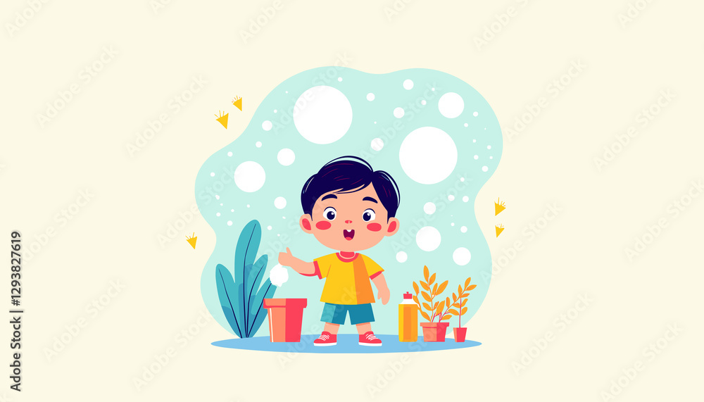 Curious Child Blowing Soap Bubbles in a Playful Moment – Flat Art Illustration Curious Child Blowing Soap Bubbles in a Playful Moment – Flat Art Illustration