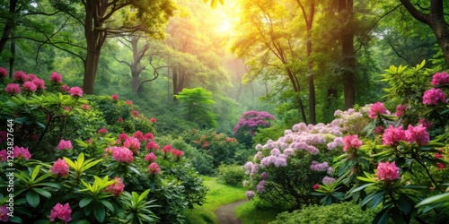 Dense foliage with blooming flowers and vibrant greenery in a lush forest surroundings, forest, blooms