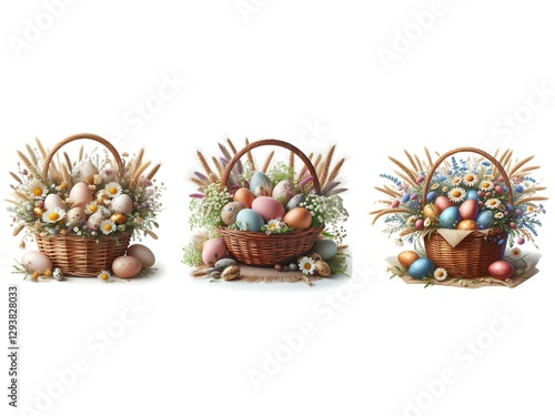 Set of Easter baskets for the holiday. Baskets with colored eggs, small flower and wildflowers isolated on white background. Generative AI
