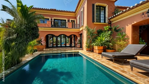 Wallpaper Mural A luxurious villa with a stunning pool surrounded by lush greenery footage Torontodigital.ca