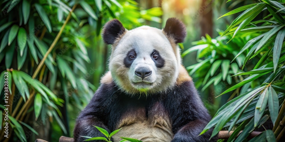 Fototapeta premium Adorable panda bear sitting in a zoo enclosure surrounded by lush greenery and bamboo stalks with a calm expression, animal behavior, wildlife photo