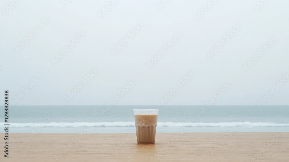 A summer beachside cafe with a glass of iced latte on a wooden table, condensation dripping down the sides A summer beachside cafe with a glass of iced latte on a wooden table, condensation dripping down the sides