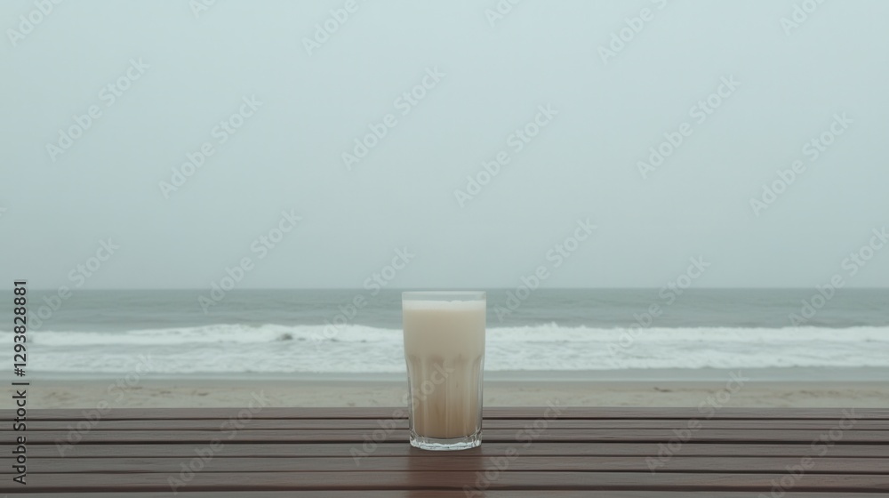 A summer beachside cafe with a glass of iced latte on a wooden table, condensation dripping down the sides A summer beachside cafe with a glass of iced latte on a wooden table, condensation dripping down the sides