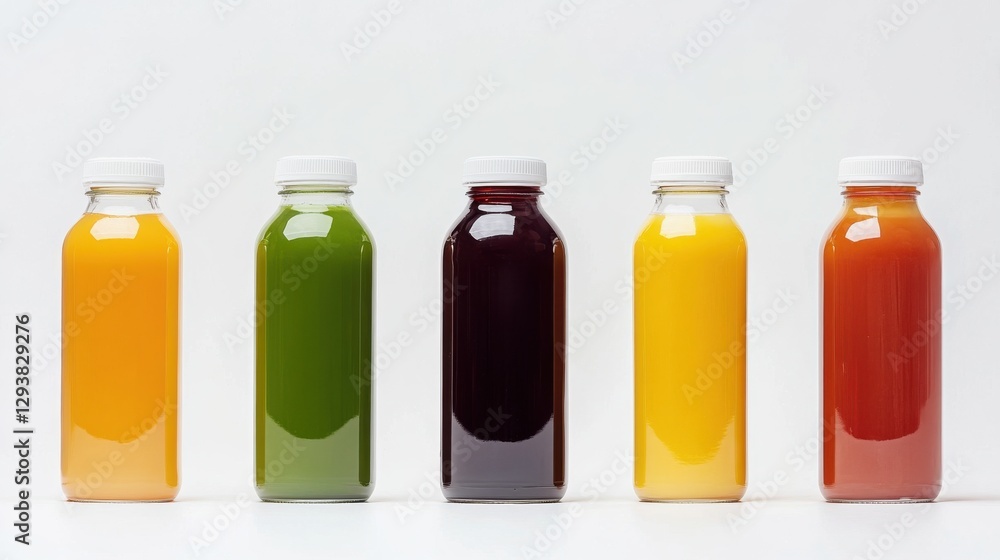 A row of freshly squeezed juices in transparent glass bottles A row of freshly squeezed juices in transparent glass bottles