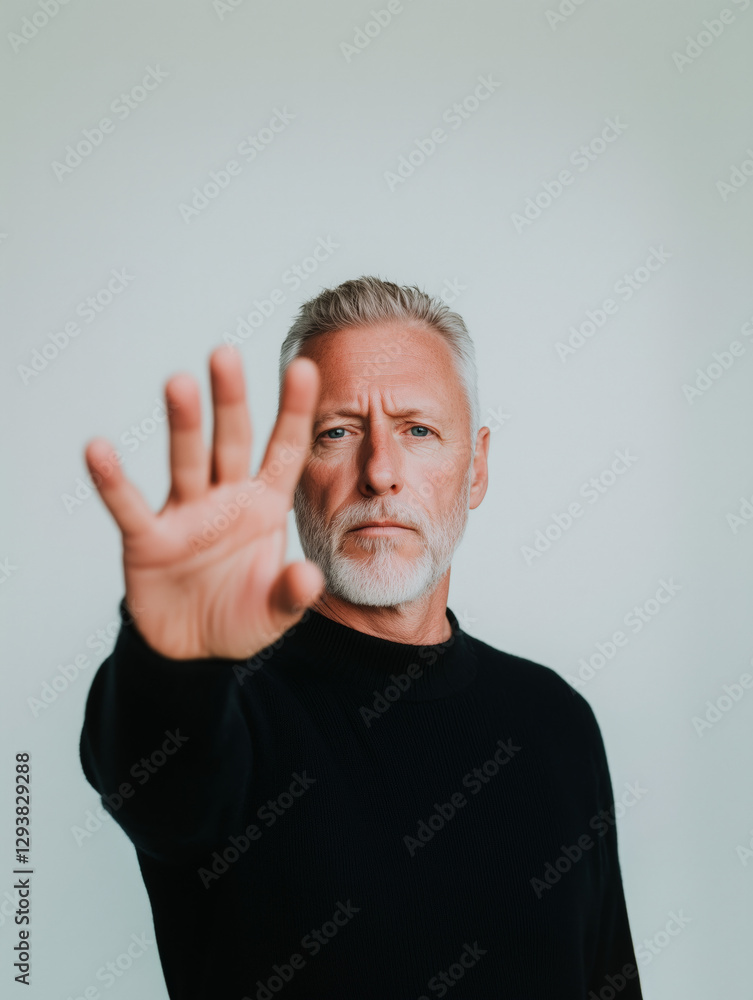 Fototapeta premium Serious mature man making a stop gesture against injustice and violence