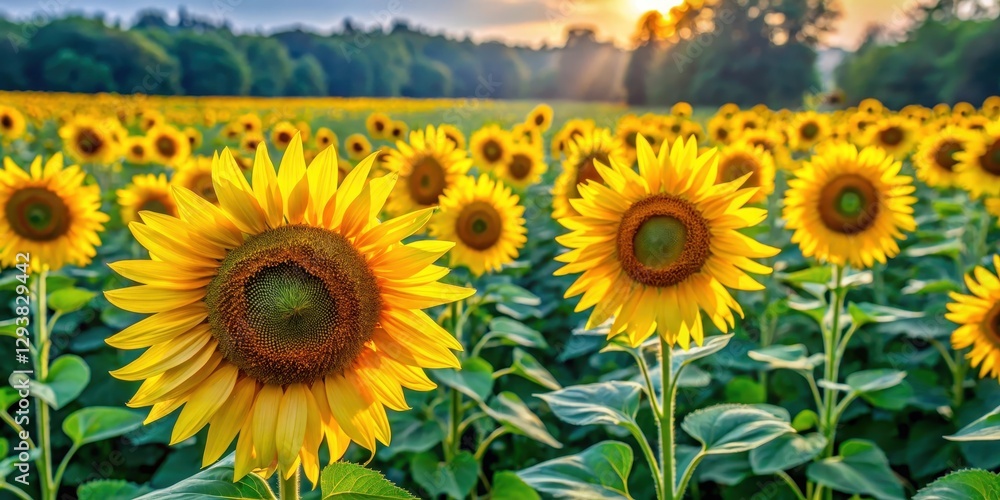 Fototapeta premium Field of tall sunflowers with bright yellow petals and dark centers in a green field , natural scenery