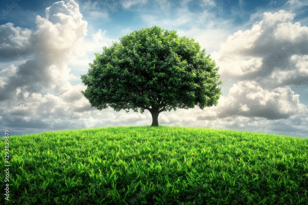 Lush Green Tree on Rolling Hill Under Dramatic Cloudy Sky Lush Green Tree on Rolling Hill Under Dramatic Cloudy Sky