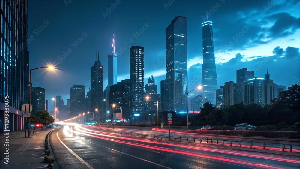 Naklejka premium Night cityscape, futuristic skyline, long exposure traffic lights