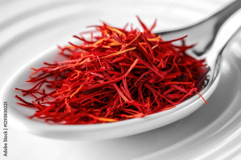 Bright Red Saffron Threads in a White Dish with Spoon on Plate Bright Red Saffron Threads in a White Dish with Spoon on Plate
