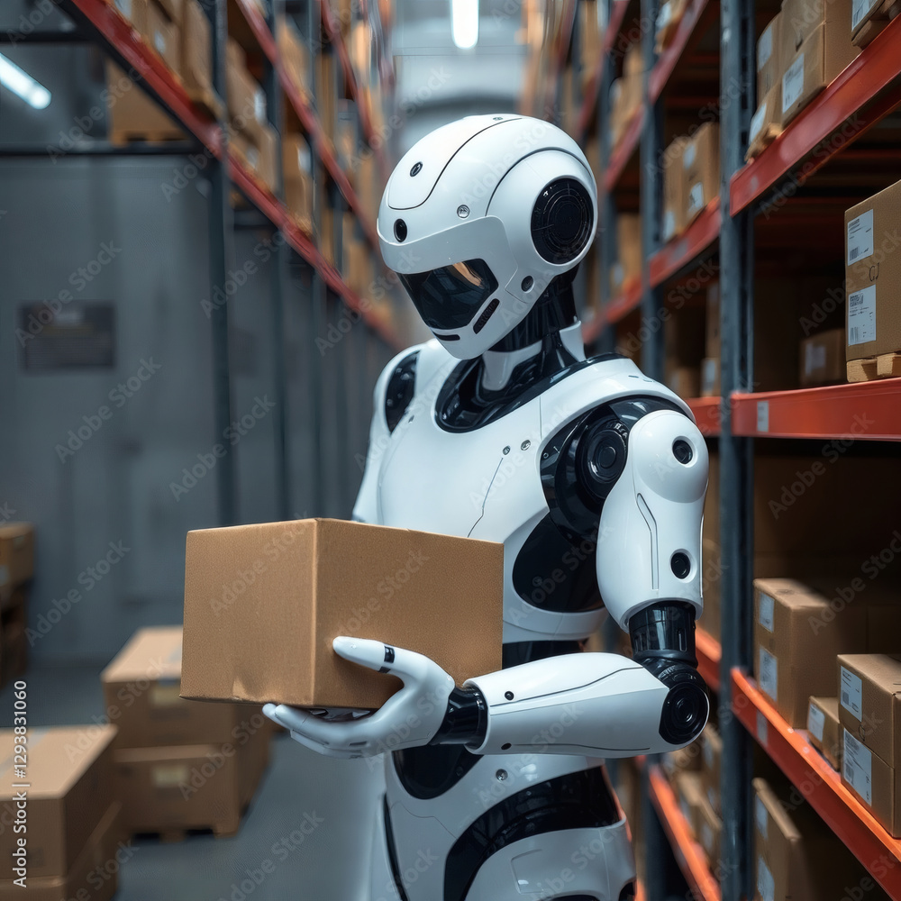 Fototapeta premium Concept a futuristic robot,in a high-tech warehouse ,ai robot box delivery.