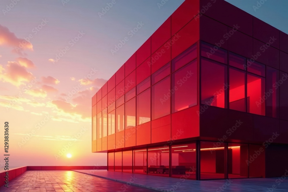 Fototapeta premium Sleek red building, sunset glow reflects on glass facade, wall, steel