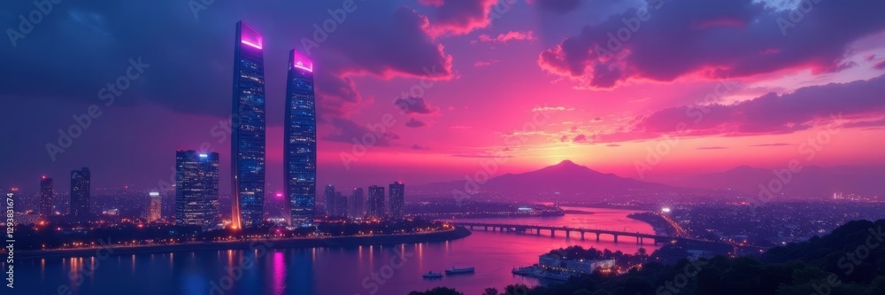 Sleek towers, neon glow, tranquil twilight sky, calm, design Sleek towers, neon glow, tranquil twilight sky, calm, design