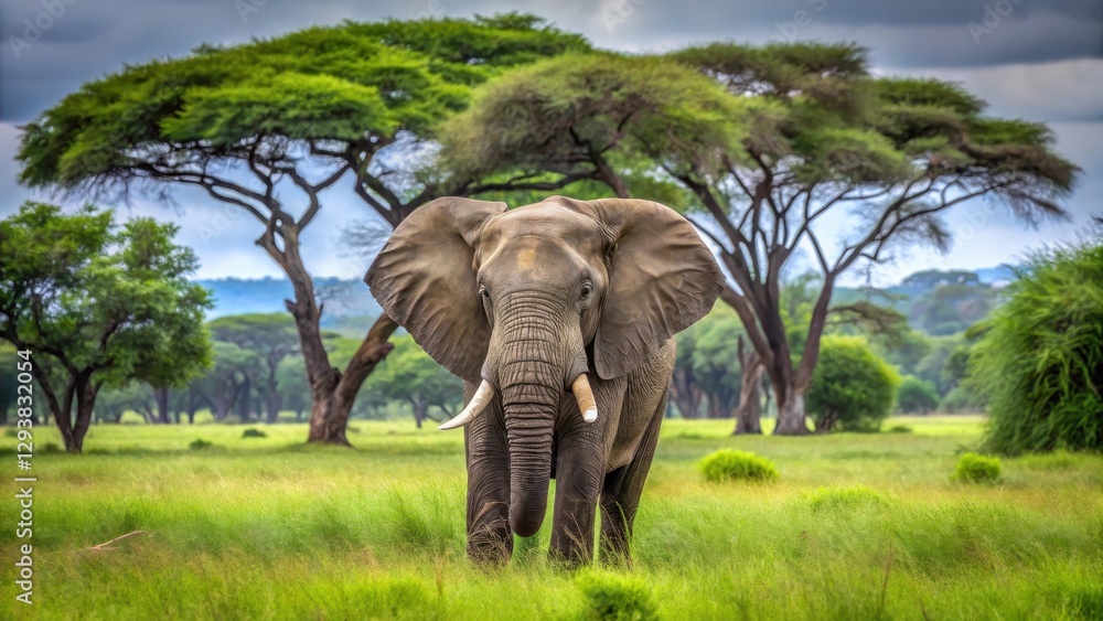 Fototapeta premium A large grey elephant stands alone in a lush green savannah with acacia trees in the background