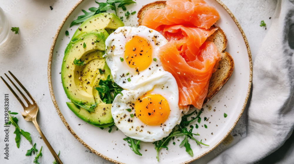 A visually appealing clean eating plate with poached eggs A visually appealing clean eating plate with poached eggs
