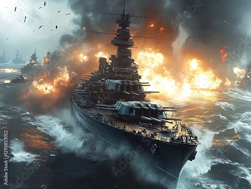 Battleship, naval battle, ocean, explosions, war game