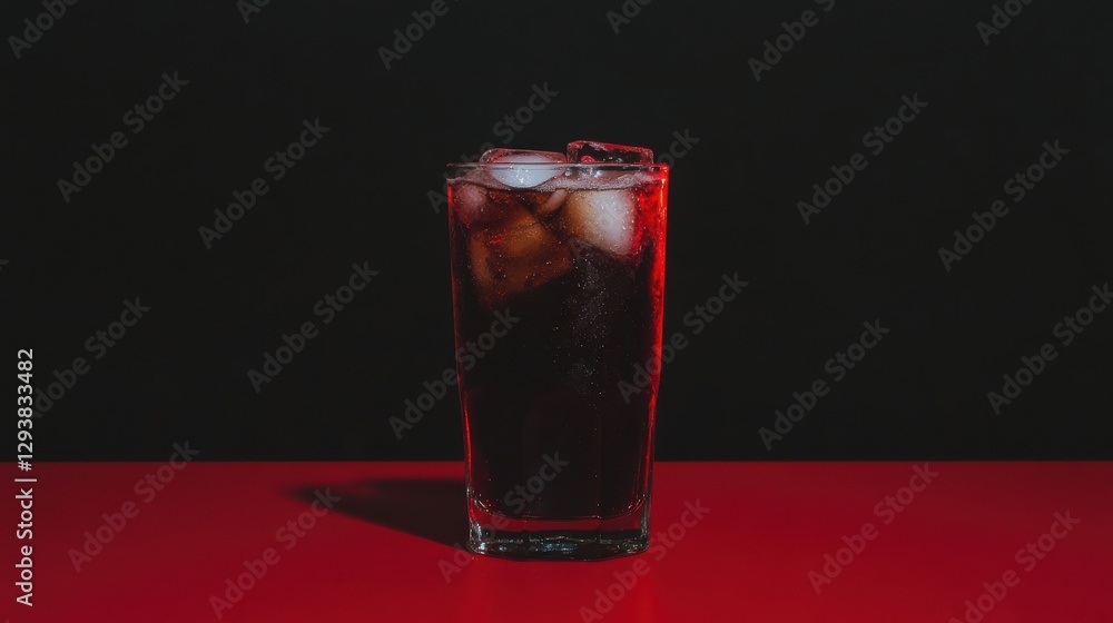 A cold glass of soda with ice cubes, condensation dripping down the sides, against a neon-lit fast food restaurant background, A cold glass of soda with ice cubes, condensation dripping down the sides, against a neon-lit fast food restaurant background,