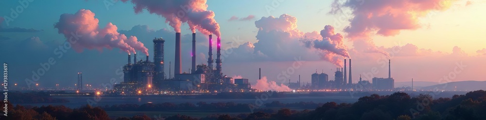 Fototapeta premium Sleek futuristic waste plant, smoke-free chimneys , innovation, eco