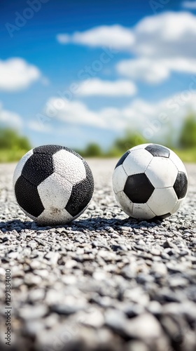Two soccer balls on a country road under a partly cloudy sky. Possible use Stock photo
