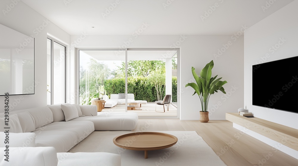 Naklejka premium Serene Living Room: A bright, modern living space exudes a minimalist aesthetic, with a comfortable sofa, a large television, and a seamless transition to an outdoor patio.