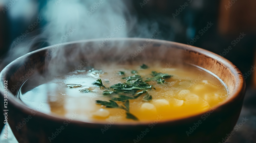 Steaming bowl of soup with parsley garnish closeup Steaming bowl of soup with parsley garnish closeup