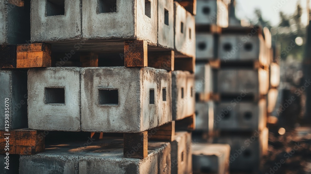 Stacked concrete blocks on wooden pallets. Stacked concrete blocks on wooden pallets.