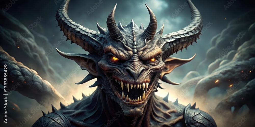 Fototapeta premium Dark fantasy creature with sharp horns and teeth , horns, demonic, horns, demonic, dark fantasy, monstrous