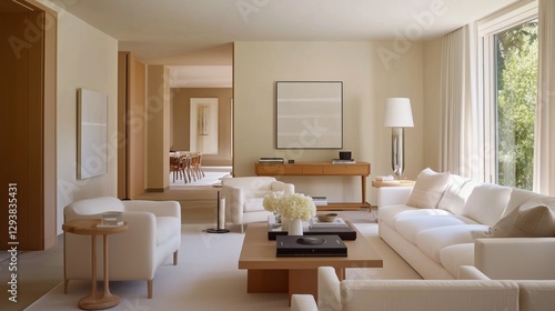 Serene Living Room Interior: A spacious and elegantly designed living room filled with natural light, featuring modern furniture, creating an atmosphere of comfort and sophistication.
