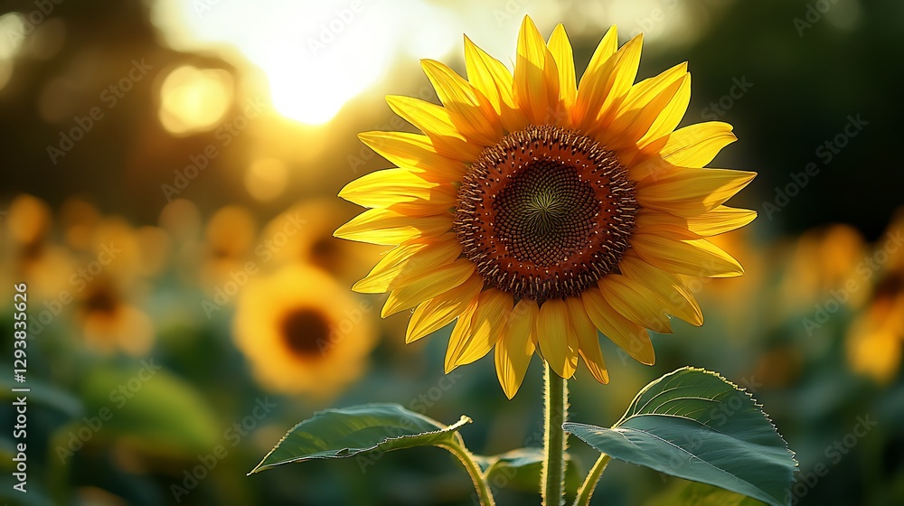 Naklejka premium Golden hour illuminating a vibrant sunflower field with warm glow