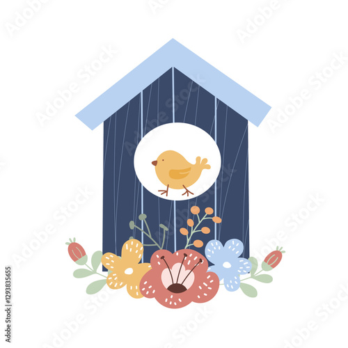 A charming birdhouse painted in blue and wooden tones with colorful flowers in various shapes. Design element for greeting card, festive decorations for Easter and spring season