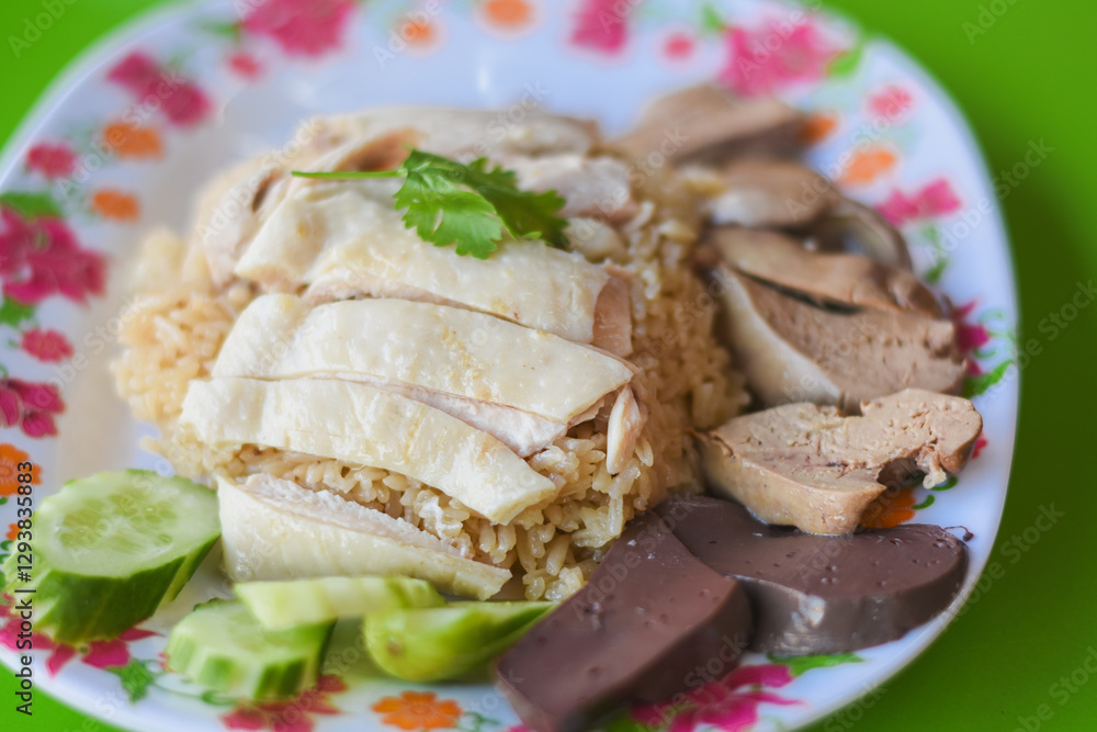 there are slices of chicken breast arranged neatly on a bed of rice. Surrounding the chicken and rice, you can see slices of cucumber, pieces of liver, and other organ meats.
