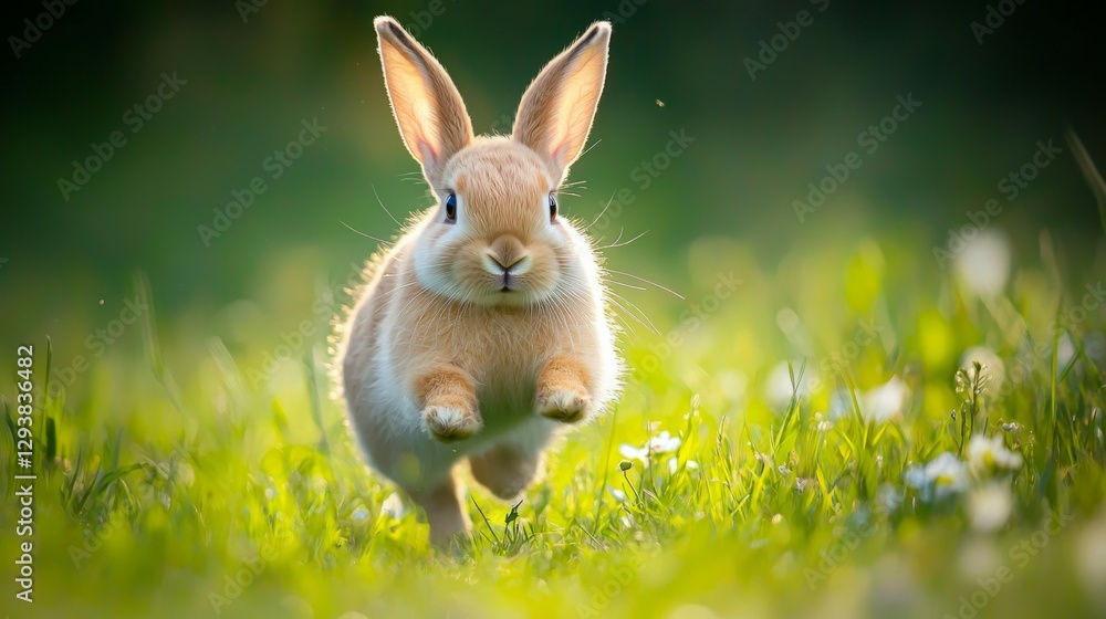 Obraz premium Cute Bunny Rabbit Playing Outdoor in Bright Green Meadow Grass
