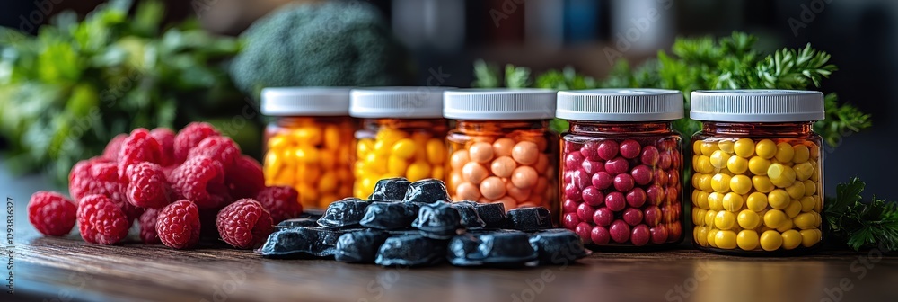 Promotion of health through colorful vitamins and natural fruits on a wooden table Promotion of health through colorful vitamins and natural fruits on a wooden table