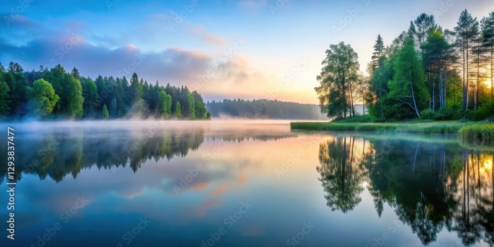 Obraz premium Serene lake at dusk with misty fog rising from water surface, surrounded by lush greenery and tall trees in summer night scene , tranquil setting, peaceful environment